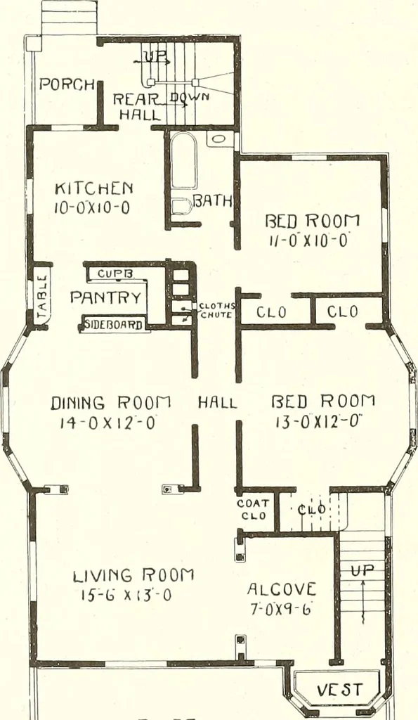 An illustration from The plan book of American dwellings : being a compilation of original home designs, showing actual photographic exteriors and floor plans of moderately priced bungalows, cottages, residences, 1914, leaf 207