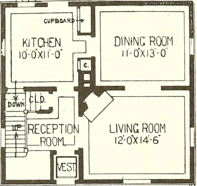 An illustration from The plan book of American dwellings : being a compilation of original home designs, showing actual photographic exteriors and floor plans of moderately priced bungalows, cottages, residences, 1914, leaf 209