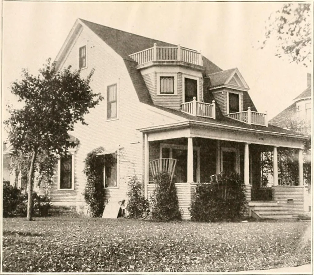 An illustration from The plan book of American dwellings : being a compilation of original home designs, showing actual photographic exteriors and floor plans of moderately priced bungalows, cottages, residences, 1914, leaf 210