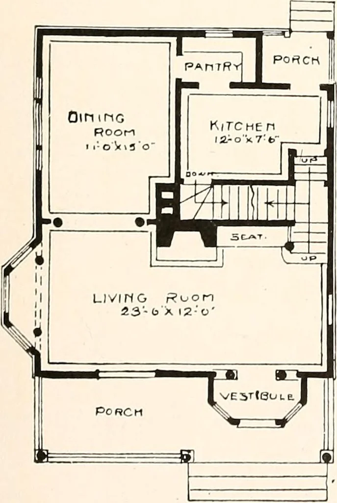 An illustration from The plan book of American dwellings : being a compilation of original home designs, showing actual photographic exteriors and floor plans of moderately priced bungalows, cottages, residences, 1914, leaf 210