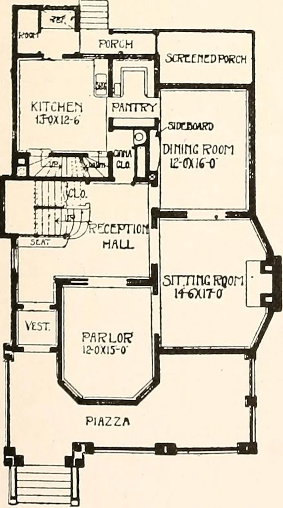 An illustration from The plan book of American dwellings : being a compilation of original home designs, showing actual photographic exteriors and floor plans of moderately priced bungalows, cottages, residences, 1914, leaf 212