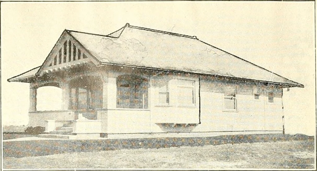 An illustration from The plan book of American dwellings : being a compilation of original home designs, showing actual photographic exteriors and floor plans of moderately priced bungalows, cottages, residences, 1914, leaf 215