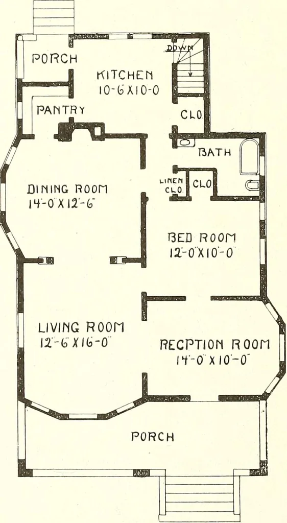 An illustration from The plan book of American dwellings : being a compilation of original home designs, showing actual photographic exteriors and floor plans of moderately priced bungalows, cottages, residences, 1914, leaf 215