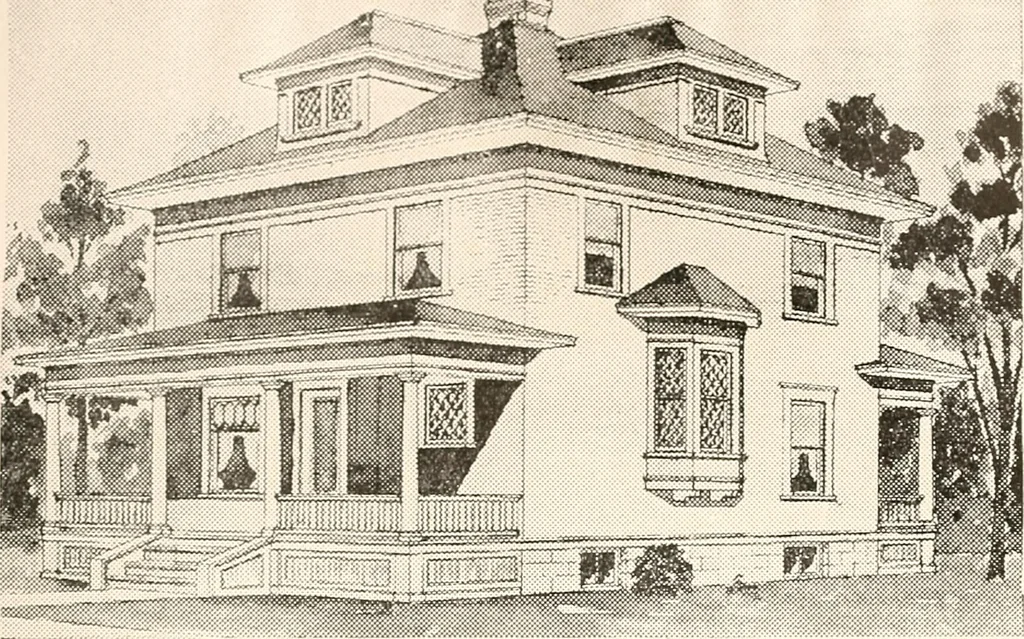 An illustration from The plan book of American dwellings : being a compilation of original home designs, showing actual photographic exteriors and floor plans of moderately priced bungalows, cottages, residences, 1914, leaf 216