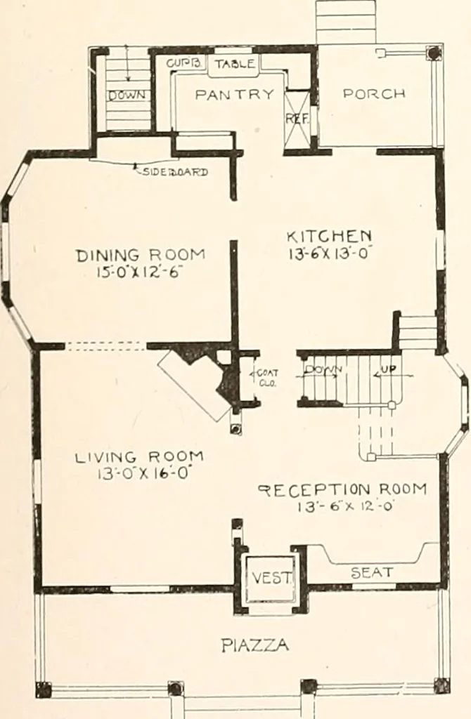 An illustration from The plan book of American dwellings : being a compilation of original home designs, showing actual photographic exteriors and floor plans of moderately priced bungalows, cottages, residences, 1914, leaf 216