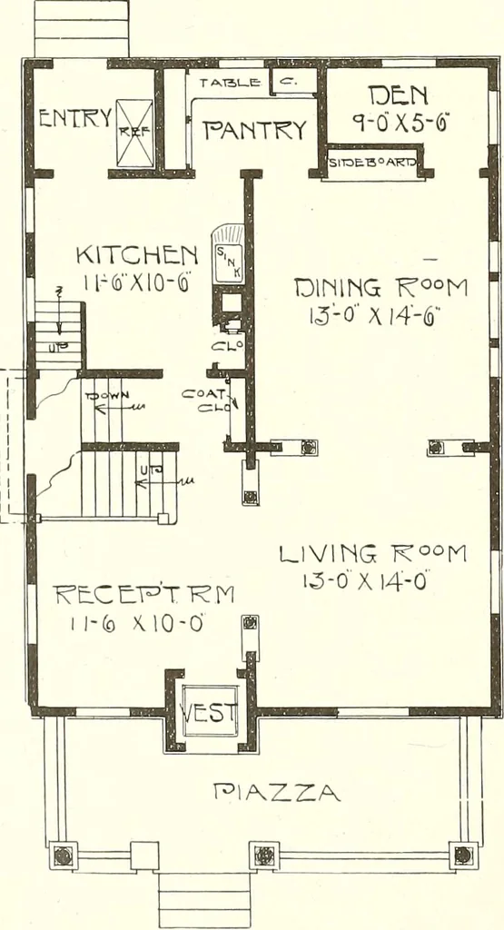 An illustration from The plan book of American dwellings : being a compilation of original home designs, showing actual photographic exteriors and floor plans of moderately priced bungalows, cottages, residences, 1914, leaf 217