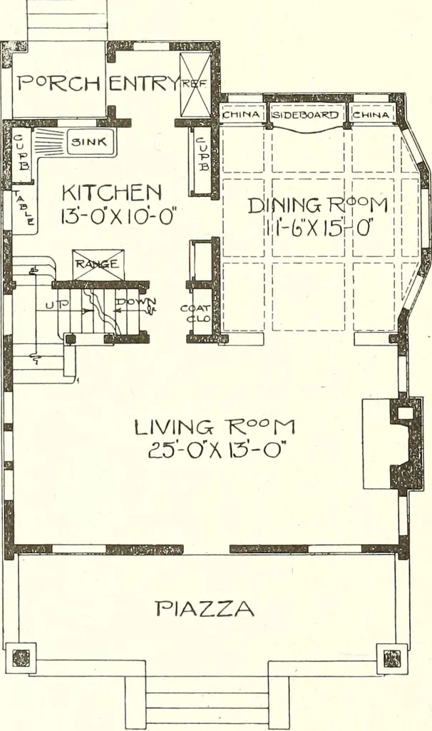 An illustration from The plan book of American dwellings : being a compilation of original home designs, showing actual photographic exteriors and floor plans of moderately priced bungalows, cottages, residences, 1914, leaf 219