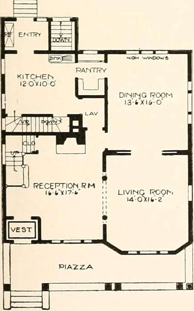 An illustration from The plan book of American dwellings : being a compilation of original home designs, showing actual photographic exteriors and floor plans of moderately priced bungalows, cottages, residences, 1914, leaf 226
