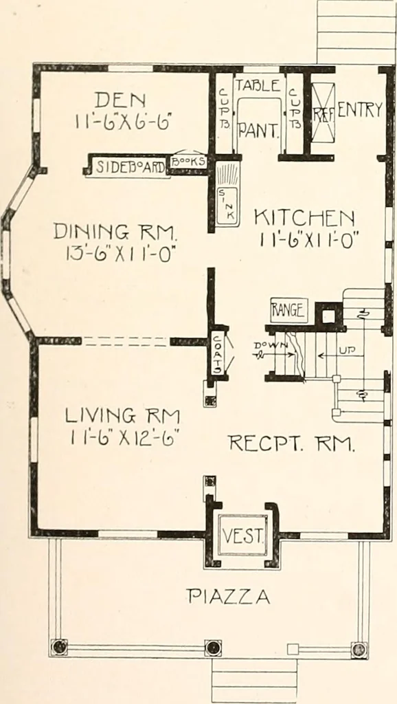 An illustration from The plan book of American dwellings : being a compilation of original home designs, showing actual photographic exteriors and floor plans of moderately priced bungalows, cottages, residences, 1914, leaf 228