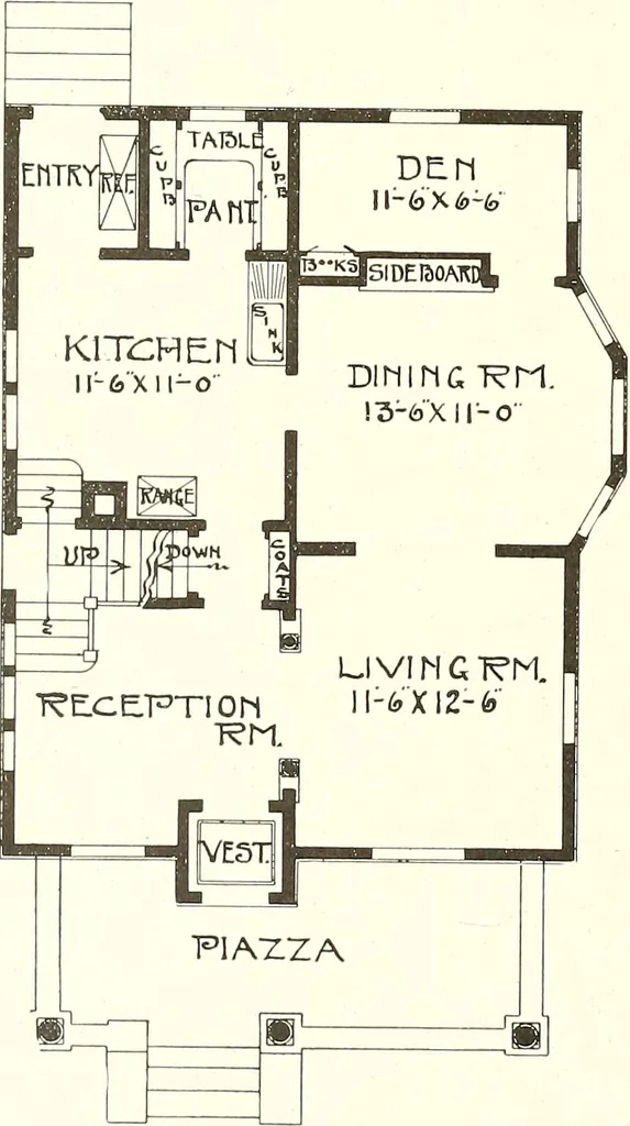 An illustration from The plan book of American dwellings : being a compilation of original home designs, showing actual photographic exteriors and floor plans of moderately priced bungalows, cottages, residences, 1914, leaf 229