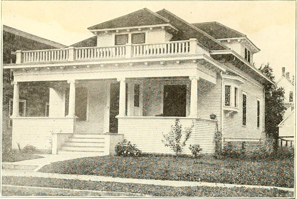 An illustration from The plan book of American dwellings : being a compilation of original home designs, showing actual photographic exteriors and floor plans of moderately priced bungalows, cottages, residences, 1914, leaf 23