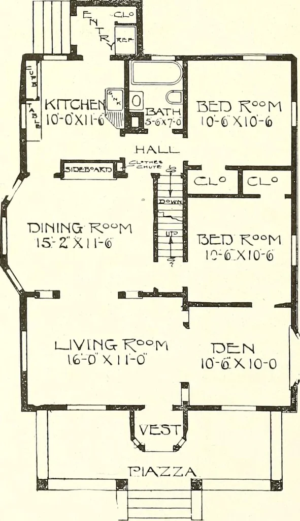 An illustration from The plan book of American dwellings : being a compilation of original home designs, showing actual photographic exteriors and floor plans of moderately priced bungalows, cottages, residences, 1914, leaf 23