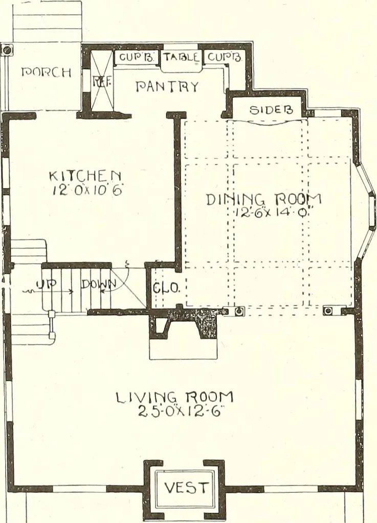 An illustration from The plan book of American dwellings : being a compilation of original home designs, showing actual photographic exteriors and floor plans of moderately priced bungalows, cottages, residences, 1914, leaf 231