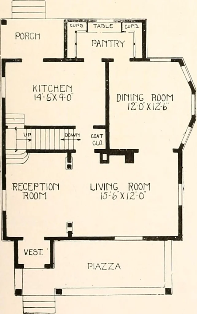 An illustration from The plan book of American dwellings : being a compilation of original home designs, showing actual photographic exteriors and floor plans of moderately priced bungalows, cottages, residences, 1914, leaf 232