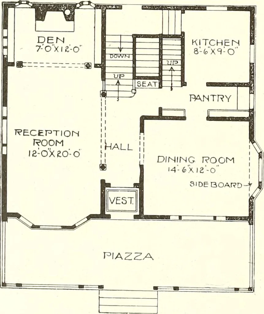 An illustration from The plan book of American dwellings : being a compilation of original home designs, showing actual photographic exteriors and floor plans of moderately priced bungalows, cottages, residences, 1914, leaf 233