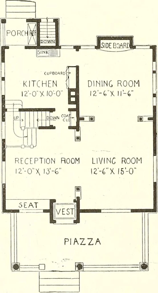 An illustration from The plan book of American dwellings : being a compilation of original home designs, showing actual photographic exteriors and floor plans of moderately priced bungalows, cottages, residences, 1914, leaf 237