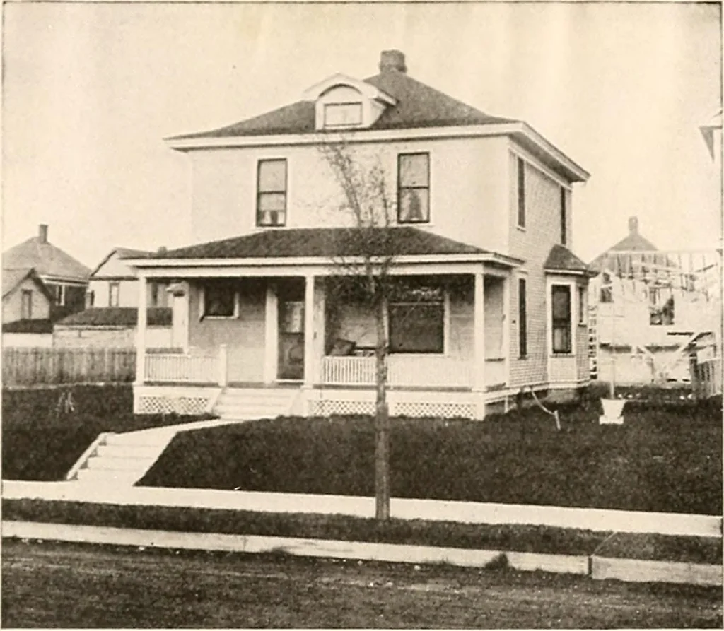An illustration from The plan book of American dwellings : being a compilation of original home designs, showing actual photographic exteriors and floor plans of moderately priced bungalows, cottages, residences, 1914, leaf 238