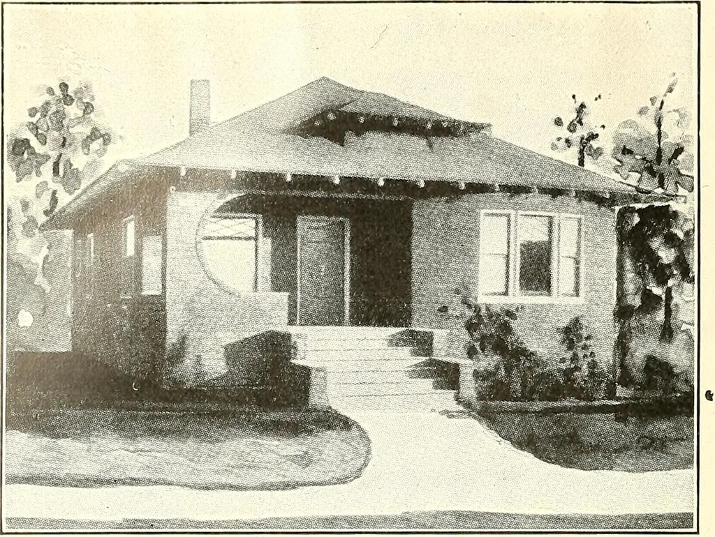 An illustration from The plan book of American dwellings : being a compilation of original home designs, showing actual photographic exteriors and floor plans of moderately priced bungalows, cottages, residences, 1914, leaf 239