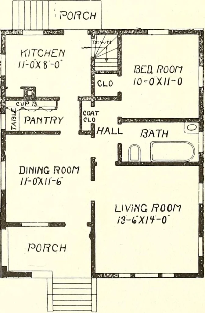 An illustration from The plan book of American dwellings : being a compilation of original home designs, showing actual photographic exteriors and floor plans of moderately priced bungalows, cottages, residences, 1914, leaf 239