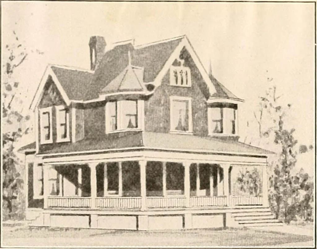 An illustration from The plan book of American dwellings : being a compilation of original home designs, showing actual photographic exteriors and floor plans of moderately priced bungalows, cottages, residences, 1914, leaf 242