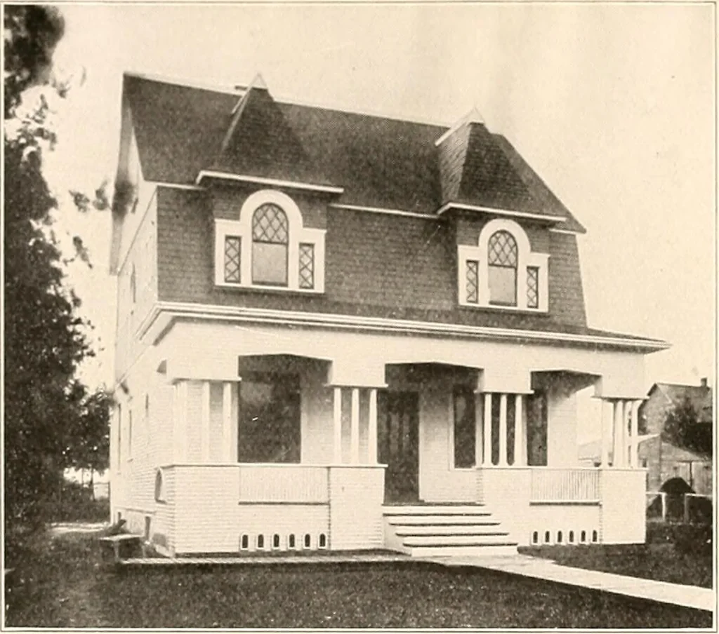 An illustration from The plan book of American dwellings : being a compilation of original home designs, showing actual photographic exteriors and floor plans of moderately priced bungalows, cottages, residences, 1914, leaf 244