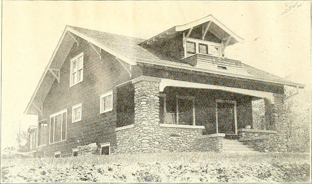 An illustration from The plan book of American dwellings : being a compilation of original home designs, showing actual photographic exteriors and floor plans of moderately priced bungalows, cottages, residences, 1914, leaf 245