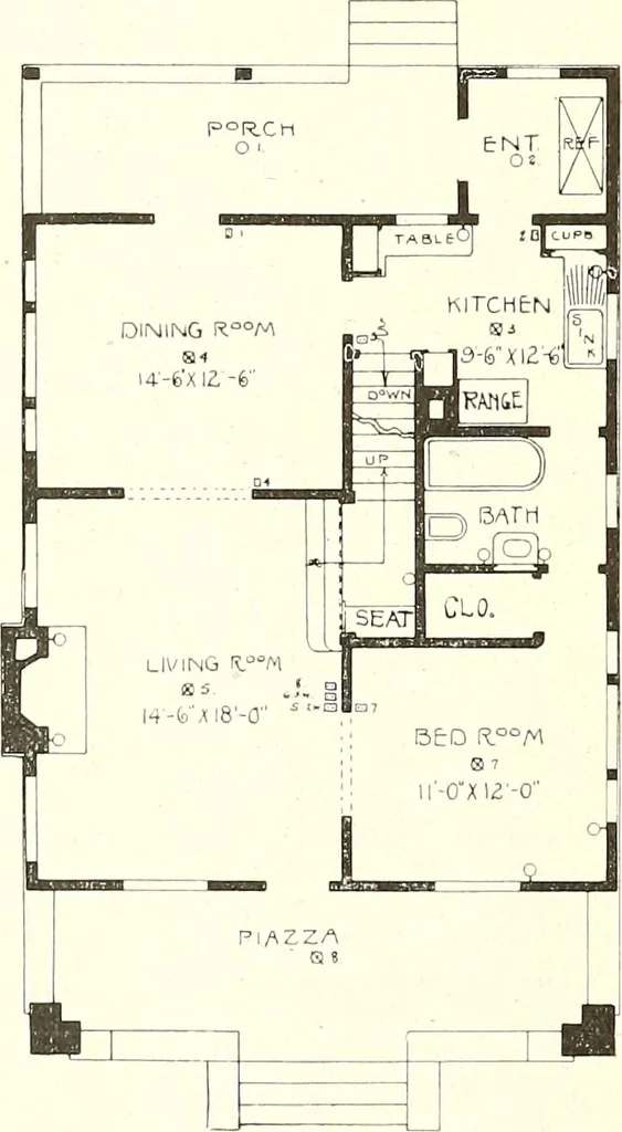 An illustration from The plan book of American dwellings : being a compilation of original home designs, showing actual photographic exteriors and floor plans of moderately priced bungalows, cottages, residences, 1914, leaf 245