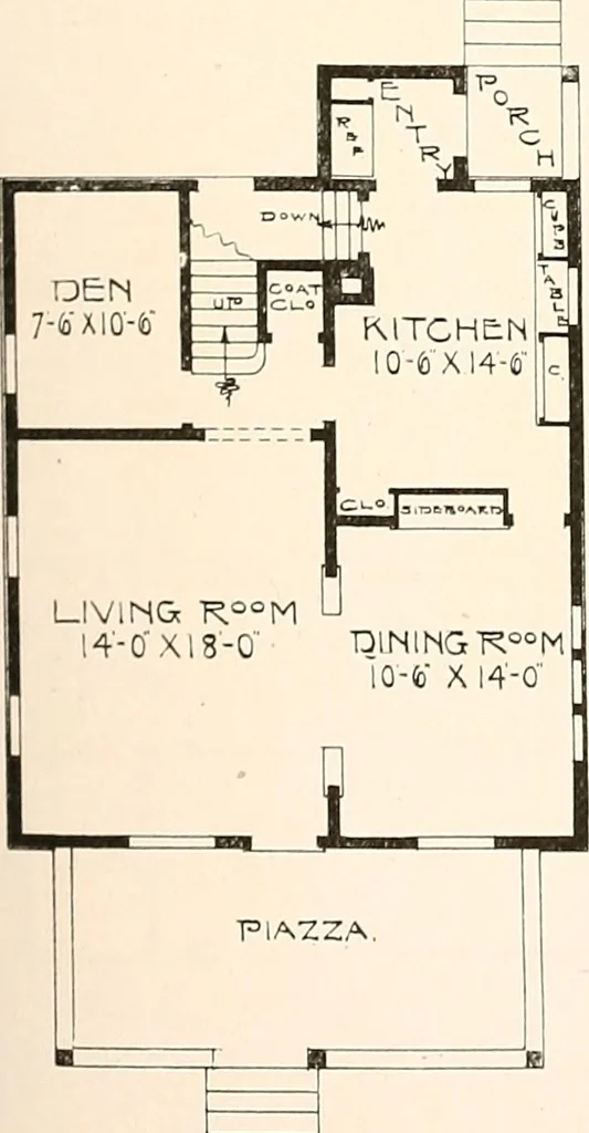 An illustration from The plan book of American dwellings : being a compilation of original home designs, showing actual photographic exteriors and floor plans of moderately priced bungalows, cottages, residences, 1914, leaf 246