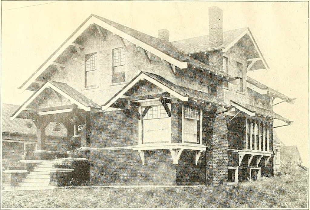An illustration from The plan book of American dwellings : being a compilation of original home designs, showing actual photographic exteriors and floor plans of moderately priced bungalows, cottages, residences, 1914, leaf 247