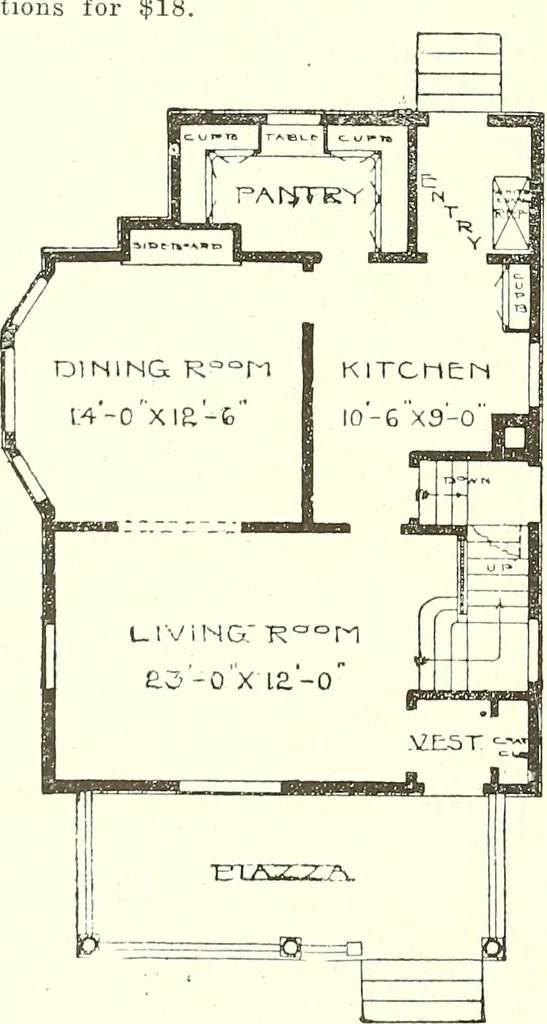 An illustration from The plan book of American dwellings : being a compilation of original home designs, showing actual photographic exteriors and floor plans of moderately priced bungalows, cottages, residences, 1914, leaf 25