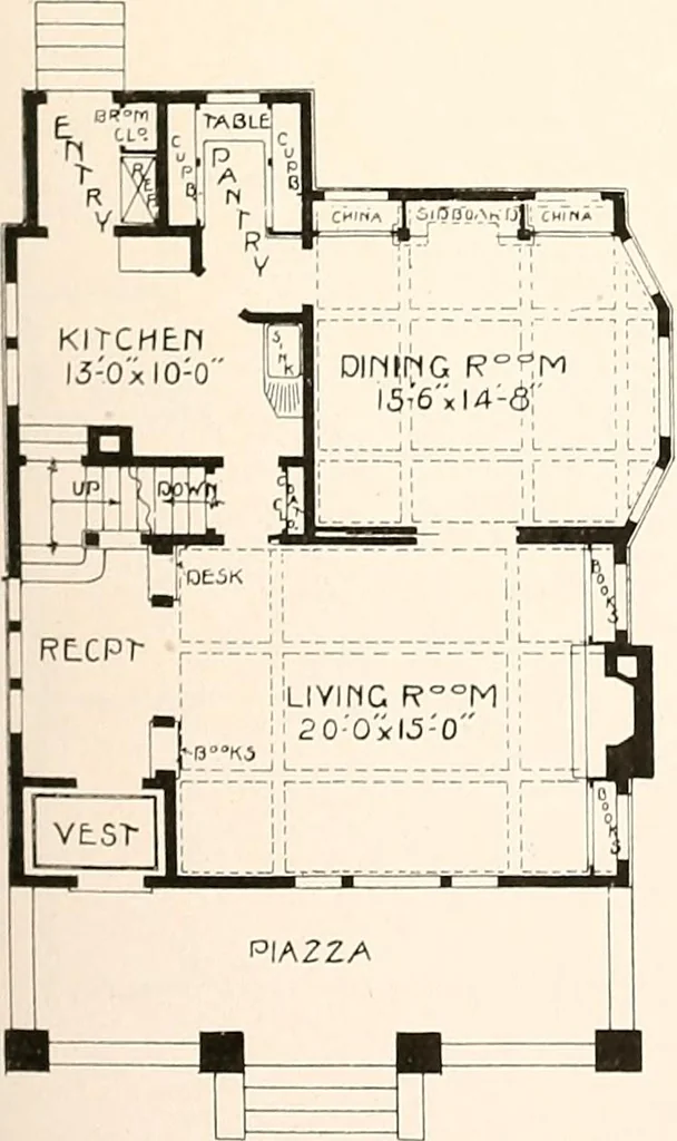 An illustration from The plan book of American dwellings : being a compilation of original home designs, showing actual photographic exteriors and floor plans of moderately priced bungalows, cottages, residences, 1914, leaf 250