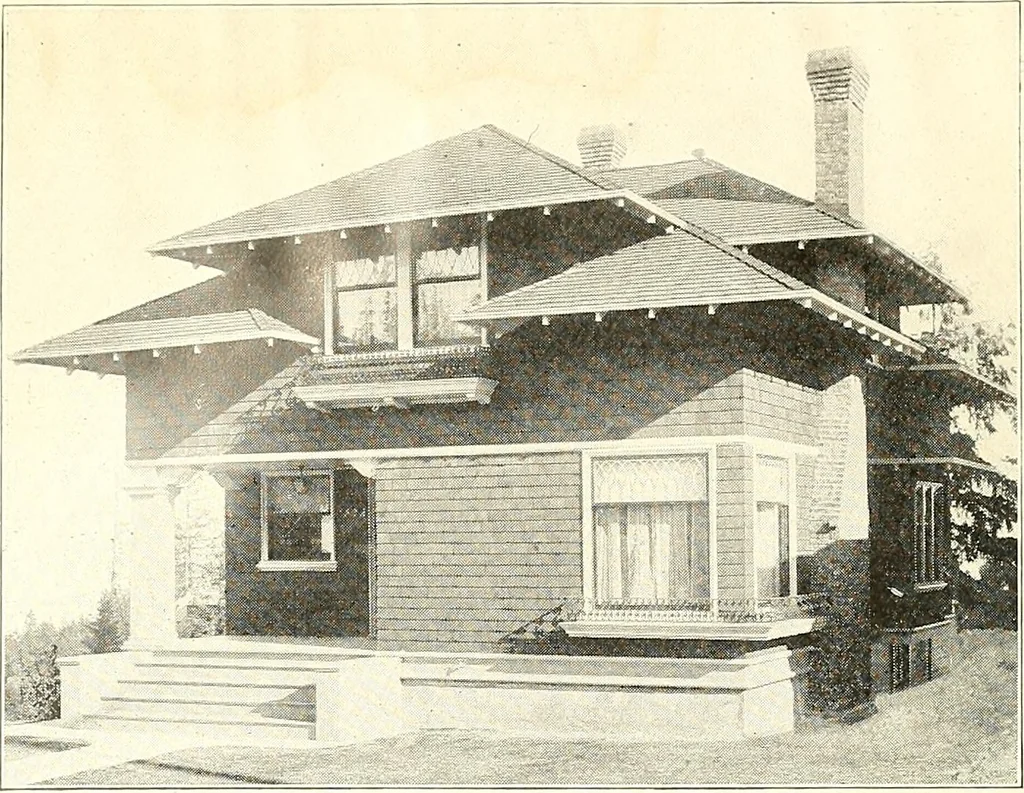 An illustration from The plan book of American dwellings : being a compilation of original home designs, showing actual photographic exteriors and floor plans of moderately priced bungalows, cottages, residences, 1914, leaf 251