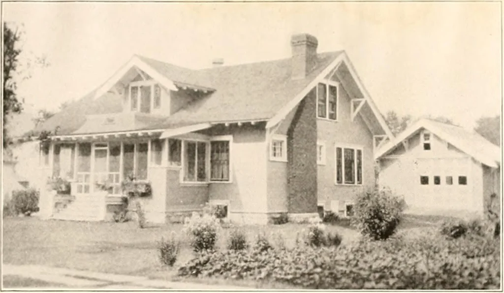 An illustration from The plan book of American dwellings : being a compilation of original home designs, showing actual photographic exteriors and floor plans of moderately priced bungalows, cottages, residences, 1914, leaf 252