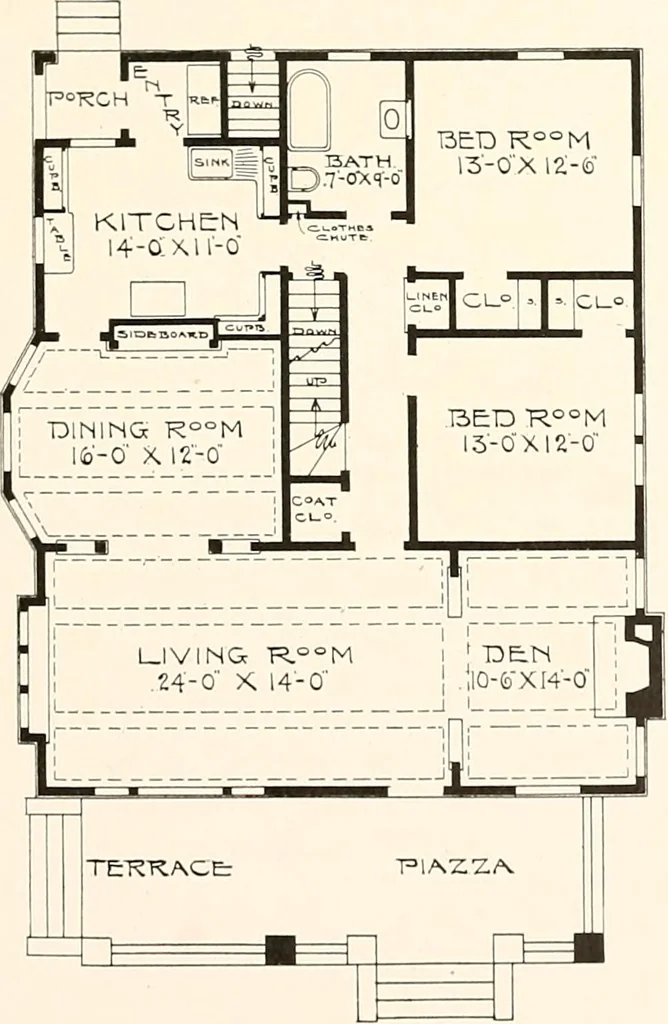 An illustration from The plan book of American dwellings : being a compilation of original home designs, showing actual photographic exteriors and floor plans of moderately priced bungalows, cottages, residences, 1914, leaf 254