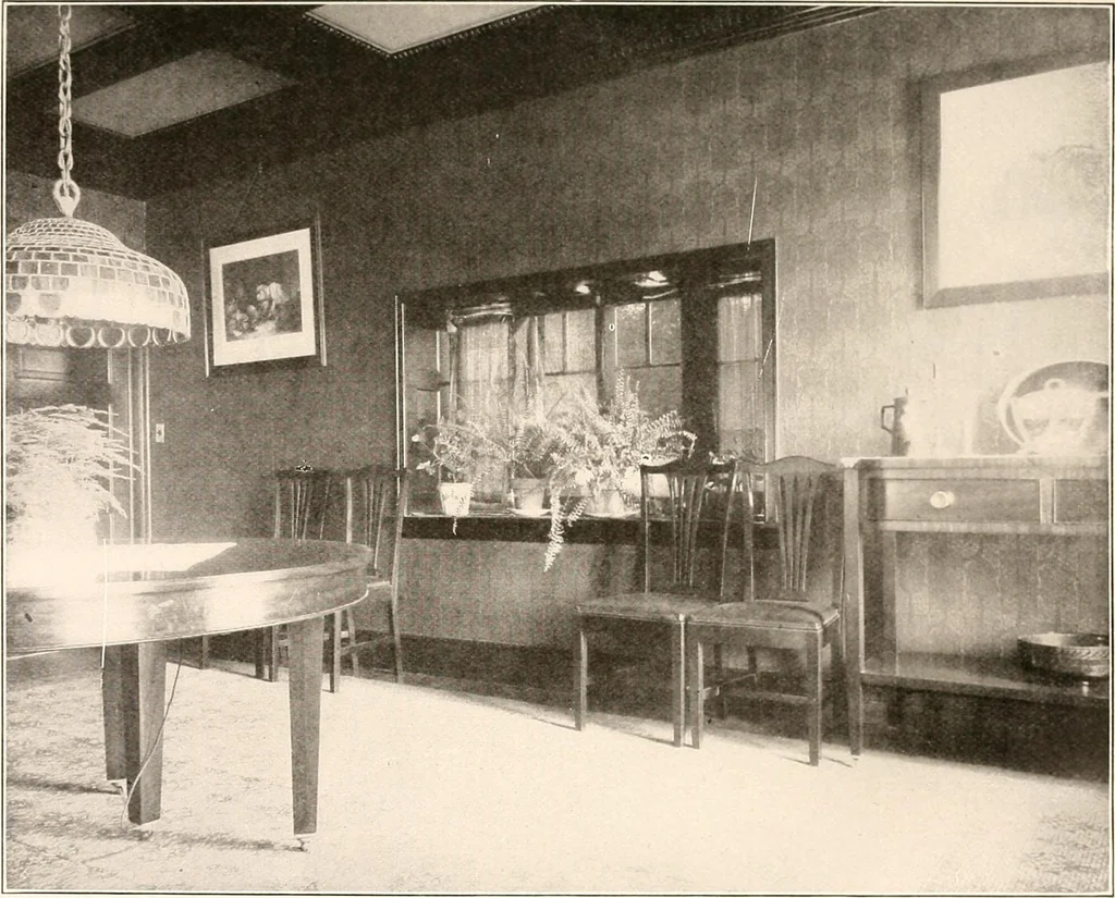 An illustration from The plan book of American dwellings : being a compilation of original home designs, showing actual photographic exteriors and floor plans of moderately priced bungalows, cottages, residences, 1914, leaf 262