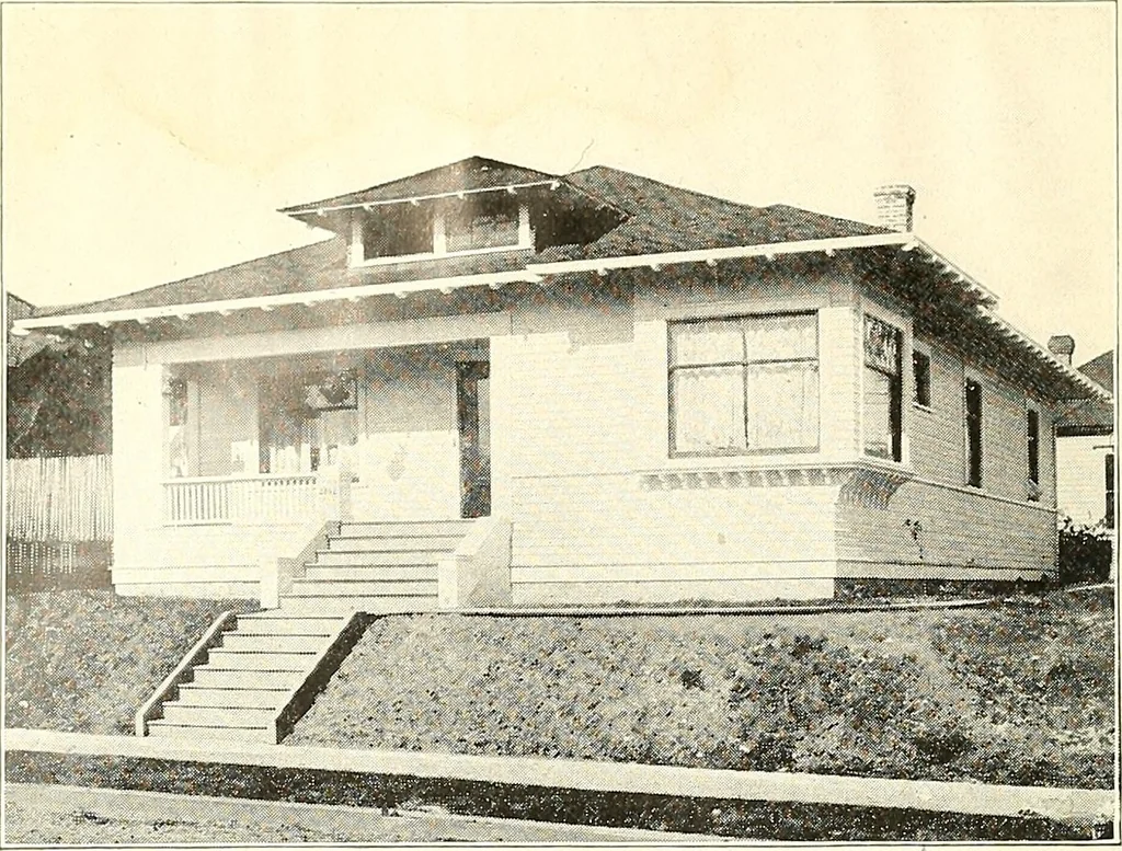 An illustration from The plan book of American dwellings : being a compilation of original home designs, showing actual photographic exteriors and floor plans of moderately priced bungalows, cottages, residences, 1914, leaf 263