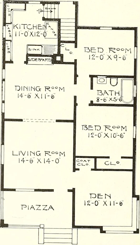 An illustration from The plan book of American dwellings : being a compilation of original home designs, showing actual photographic exteriors and floor plans of moderately priced bungalows, cottages, residences, 1914, leaf 263