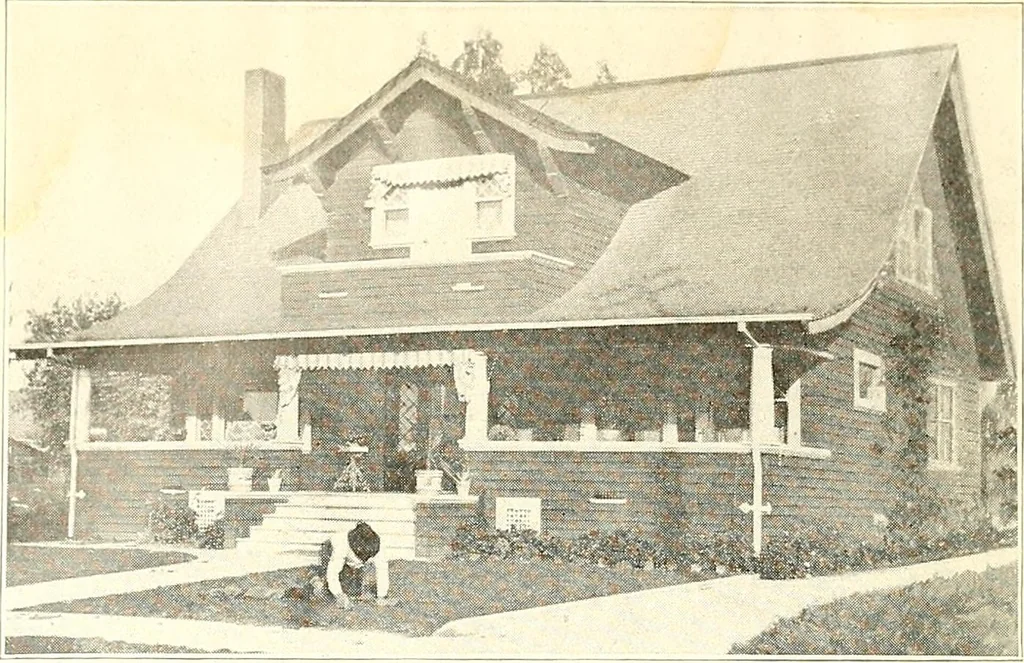 An illustration from The plan book of American dwellings : being a compilation of original home designs, showing actual photographic exteriors and floor plans of moderately priced bungalows, cottages, residences, 1914, leaf 279