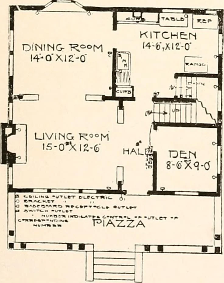 An illustration from The plan book of American dwellings : being a compilation of original home designs, showing actual photographic exteriors and floor plans of moderately priced bungalows, cottages, residences, 1914, leaf 28