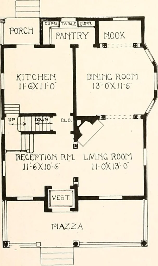 An illustration from The plan book of American dwellings : being a compilation of original home designs, showing actual photographic exteriors and floor plans of moderately priced bungalows, cottages, residences, 1914, leaf 284