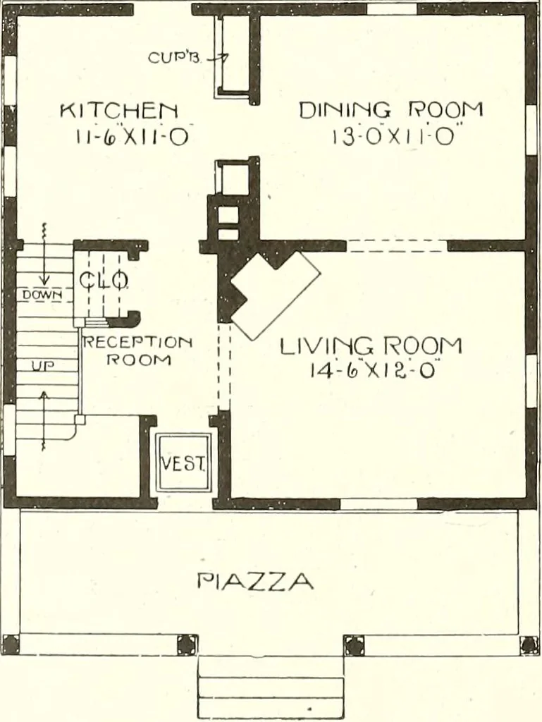 An illustration from The plan book of American dwellings : being a compilation of original home designs, showing actual photographic exteriors and floor plans of moderately priced bungalows, cottages, residences, 1914, leaf 285