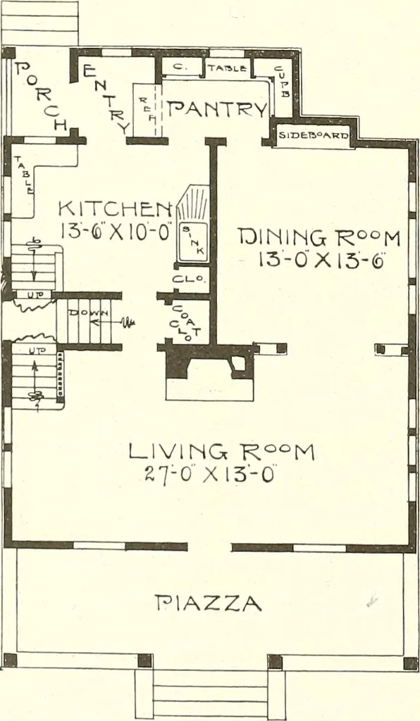 An illustration from The plan book of American dwellings : being a compilation of original home designs, showing actual photographic exteriors and floor plans of moderately priced bungalows, cottages, residences, 1914, leaf 29