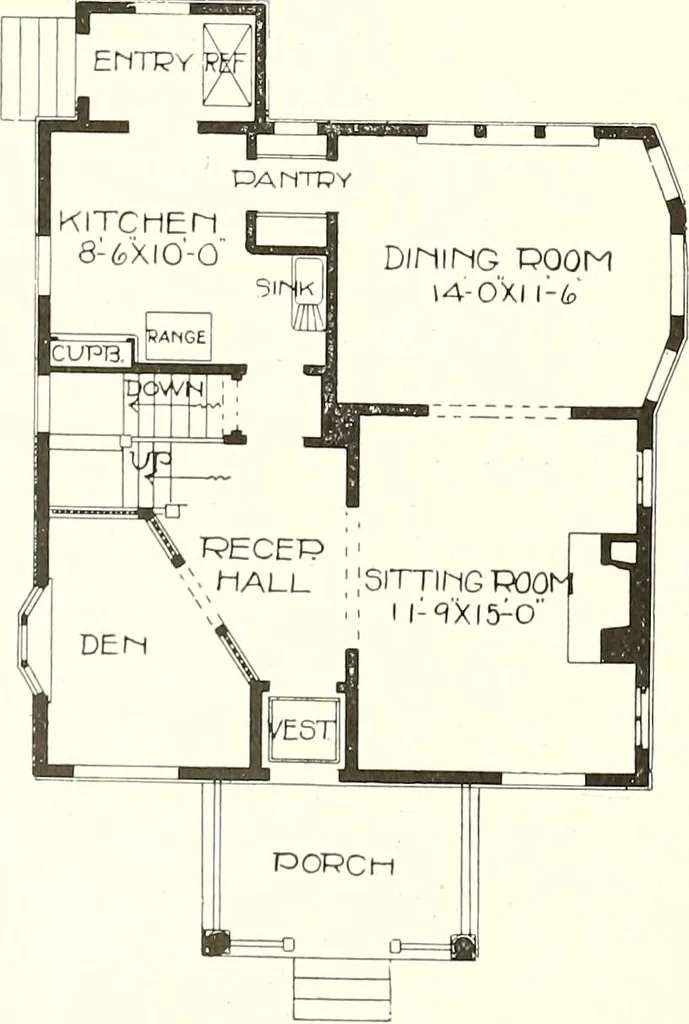 An illustration from The plan book of American dwellings : being a compilation of original home designs, showing actual photographic exteriors and floor plans of moderately priced bungalows, cottages, residences, 1914, leaf 291
