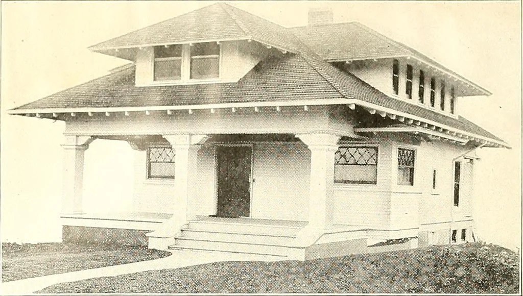 An illustration from The plan book of American dwellings : being a compilation of original home designs, showing actual photographic exteriors and floor plans of moderately priced bungalows, cottages, residences, 1914, leaf 299