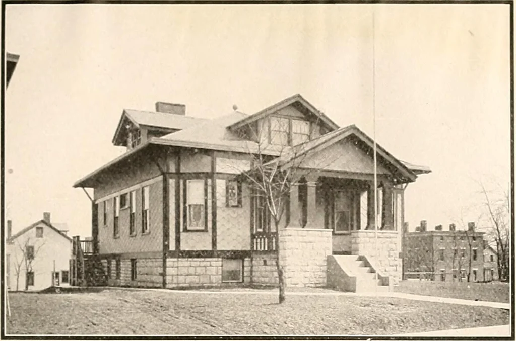 An illustration from The plan book of American dwellings : being a compilation of original home designs, showing actual photographic exteriors and floor plans of moderately priced bungalows, cottages, residences, 1914, leaf 302