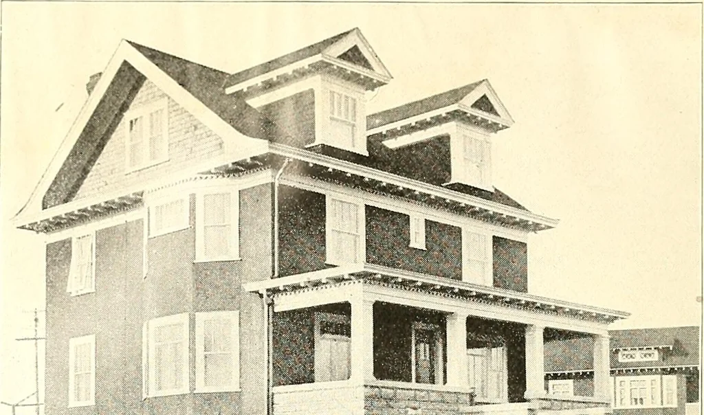 An illustration from The plan book of American dwellings : being a compilation of original home designs, showing actual photographic exteriors and floor plans of moderately priced bungalows, cottages, residences, 1914, leaf 303