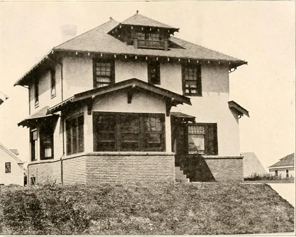 An illustration from The plan book of American dwellings : being a compilation of original home designs, showing actual photographic exteriors and floor plans of moderately priced bungalows, cottages, residences, 1914, leaf 32