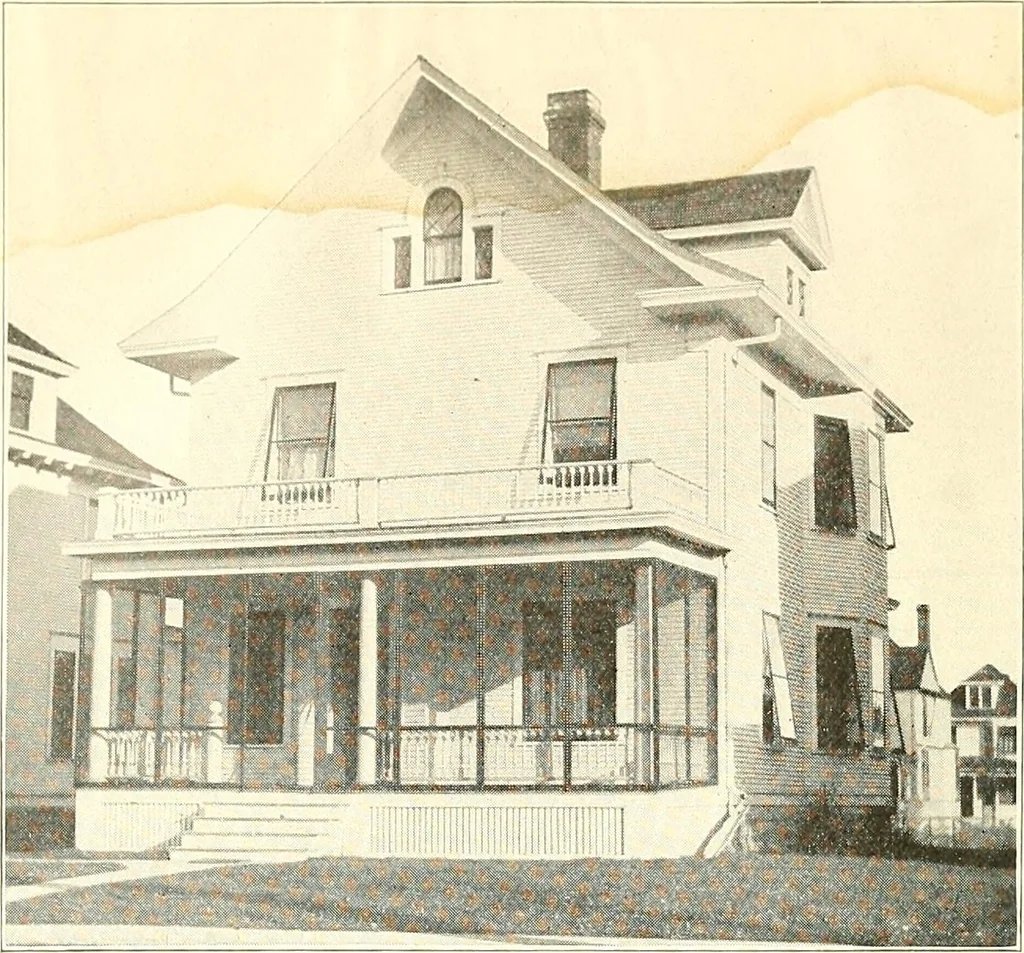 An illustration from The plan book of American dwellings : being a compilation of original home designs, showing actual photographic exteriors and floor plans of moderately priced bungalows, cottages, residences, 1914, leaf 327