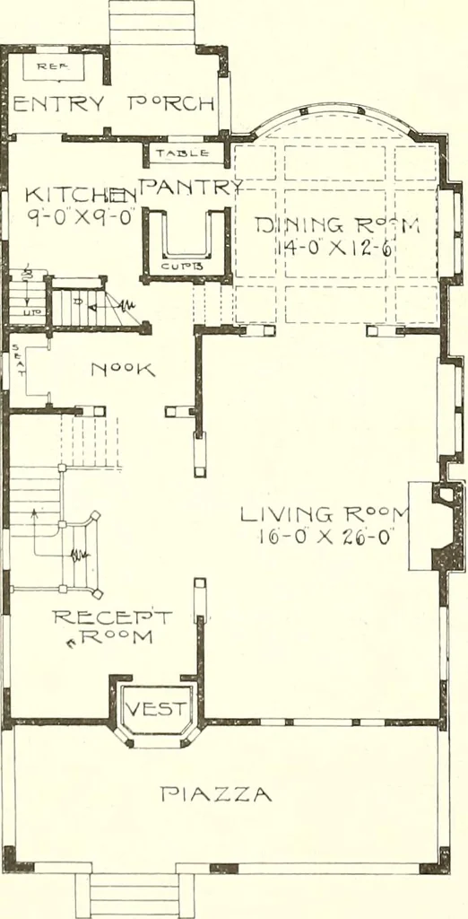 An illustration from The plan book of American dwellings : being a compilation of original home designs, showing actual photographic exteriors and floor plans of moderately priced bungalows, cottages, residences, 1914, leaf 337