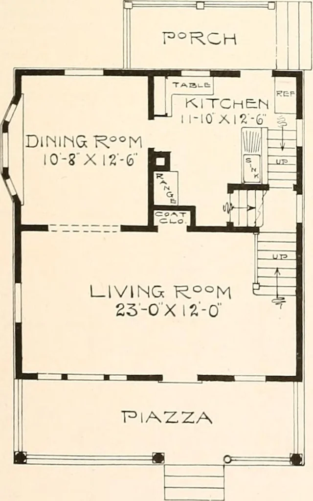 An illustration from The plan book of American dwellings : being a compilation of original home designs, showing actual photographic exteriors and floor plans of moderately priced bungalows, cottages, residences, 1914, leaf 34